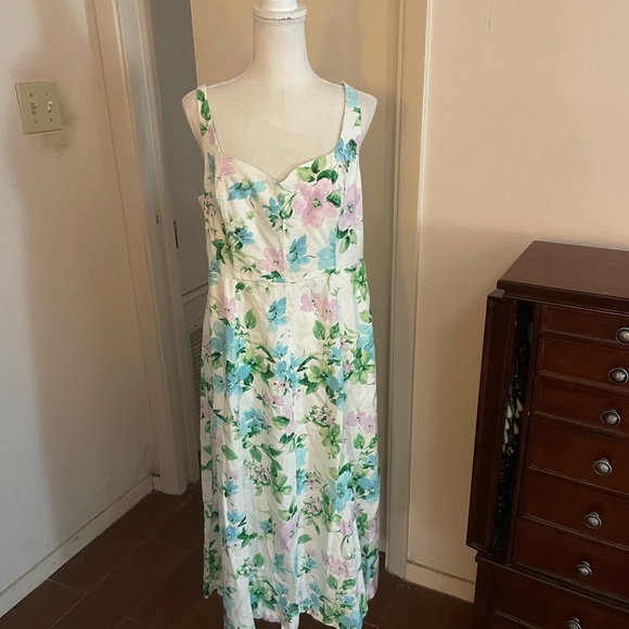 Old Navy floral midi dress linen size Large straps flower print white blue green - Picture 3 of 14